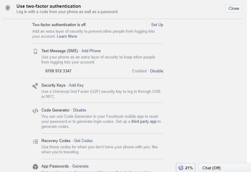 Use Facebook two-factor authentication