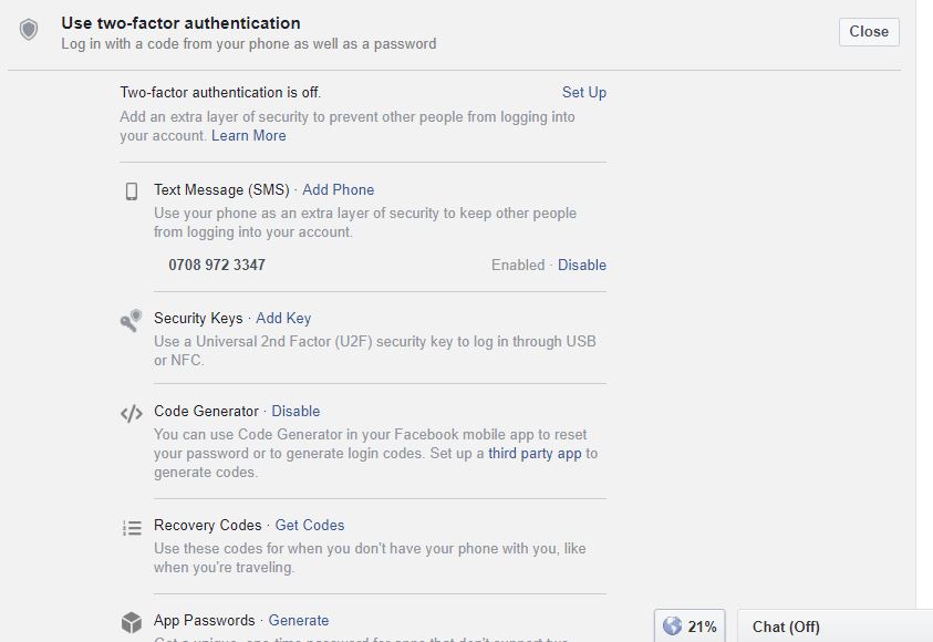  Use Facebook two-factor authentication