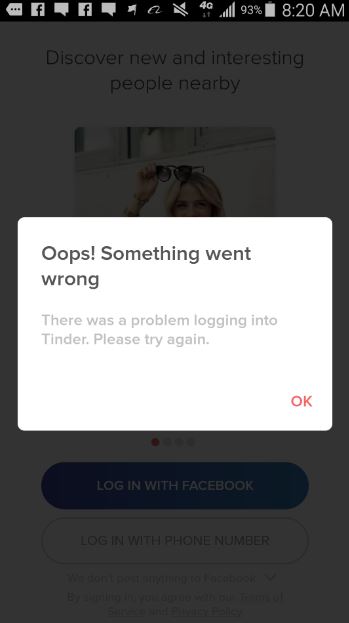 Tinder Oops Something went wrong screen