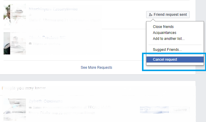 Cancel lists of Facebook friend requests