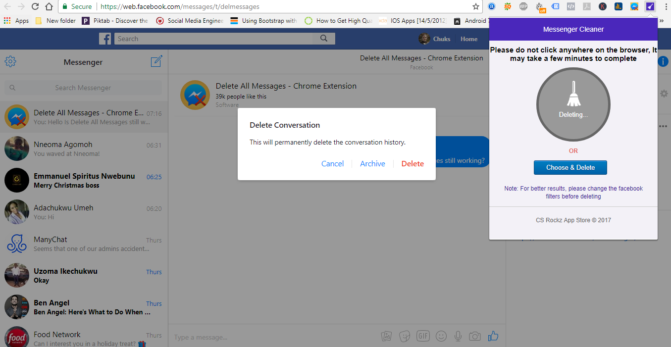 delete all facebook messenger messages with chrome