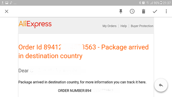 AliExpress Order Tracking order received