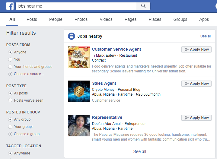 Find and apply jobs on Facebook